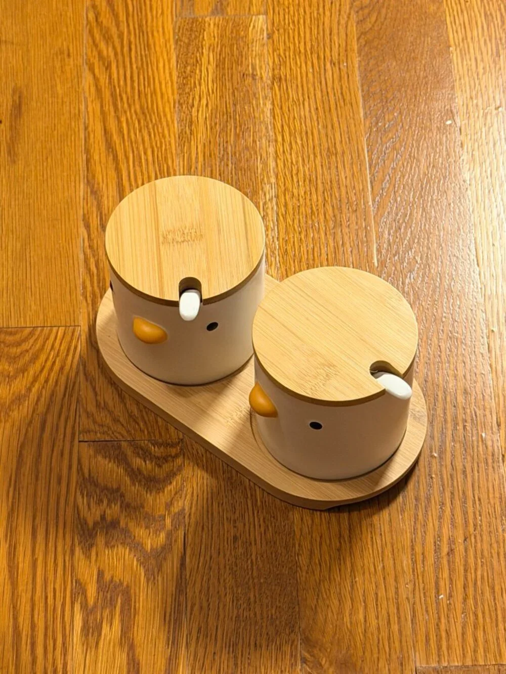 Ceramic Sugar Bowls with Wood Lids & Tray Spoons Duck Set of 2 New